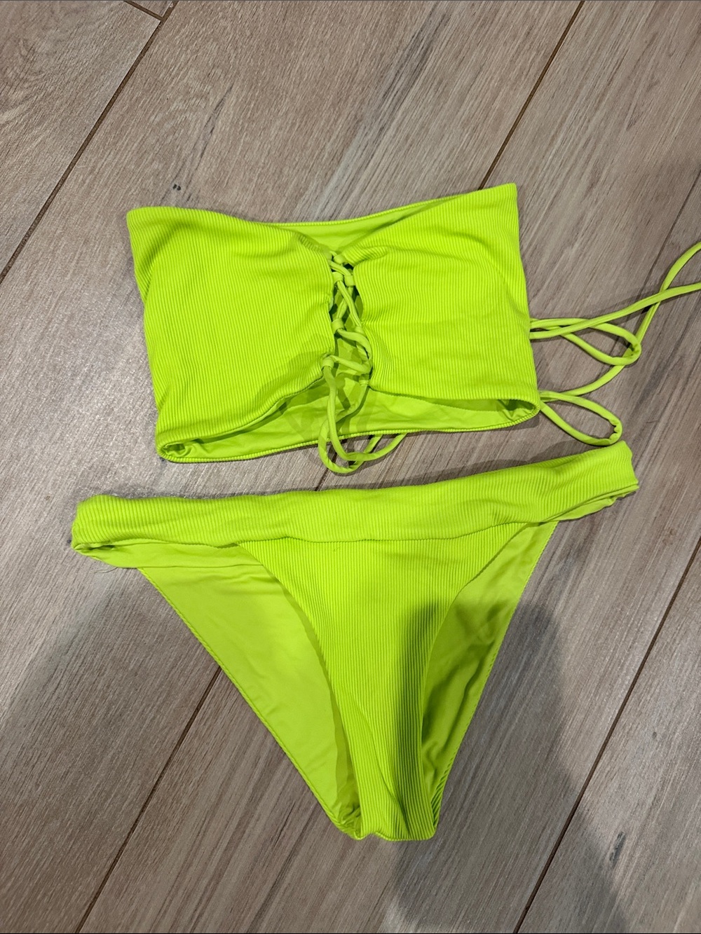 l*space Neon Lime Ribbed Lace-Up Bikini Set